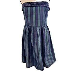 Vineyard Vines Dress Womens 10 Blue Green Stripe Strapless Velvet Trim Cocktail